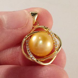 Gold 925 Silver AAAA Genuine Golden South Sea Pearl Zircon Necklace Pendant